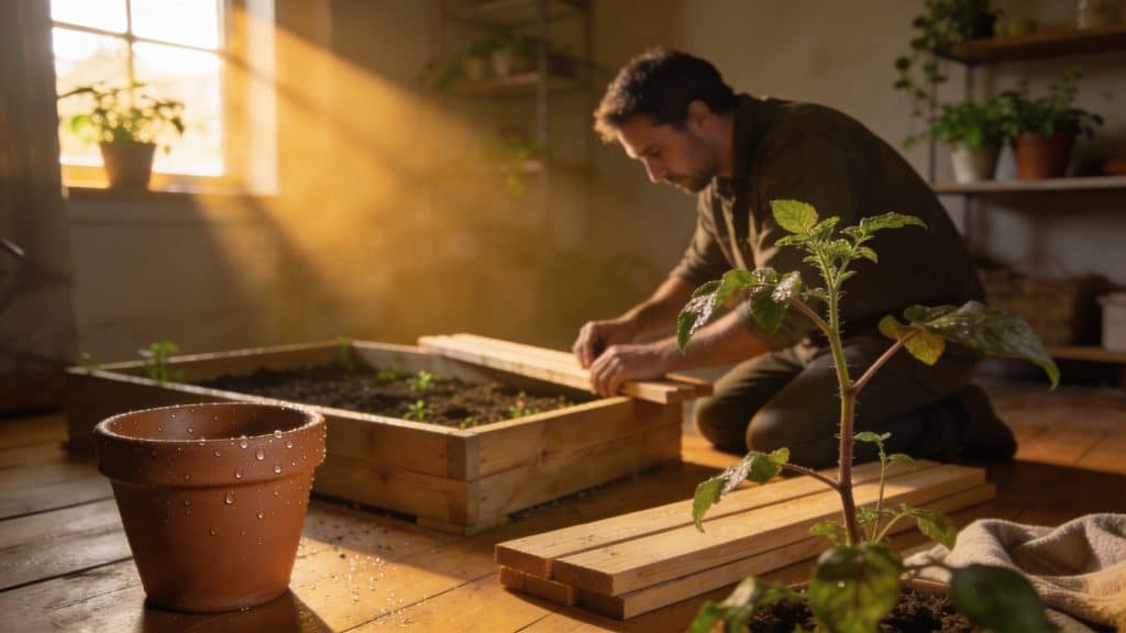 homme agenouille assemblant planches bois pour potager