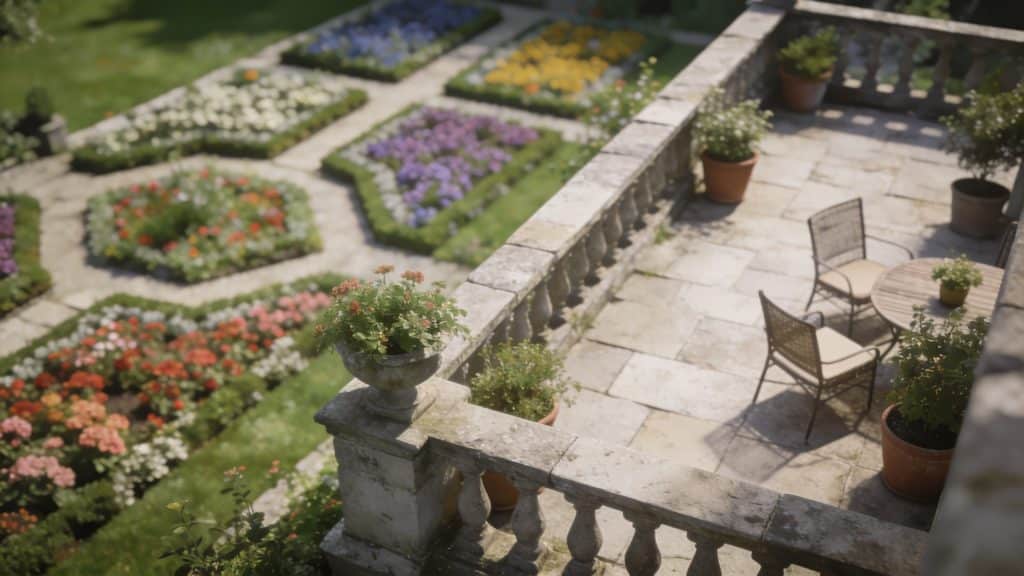 Vue aerienne dun jardin avec massifs fleuris et terrasse