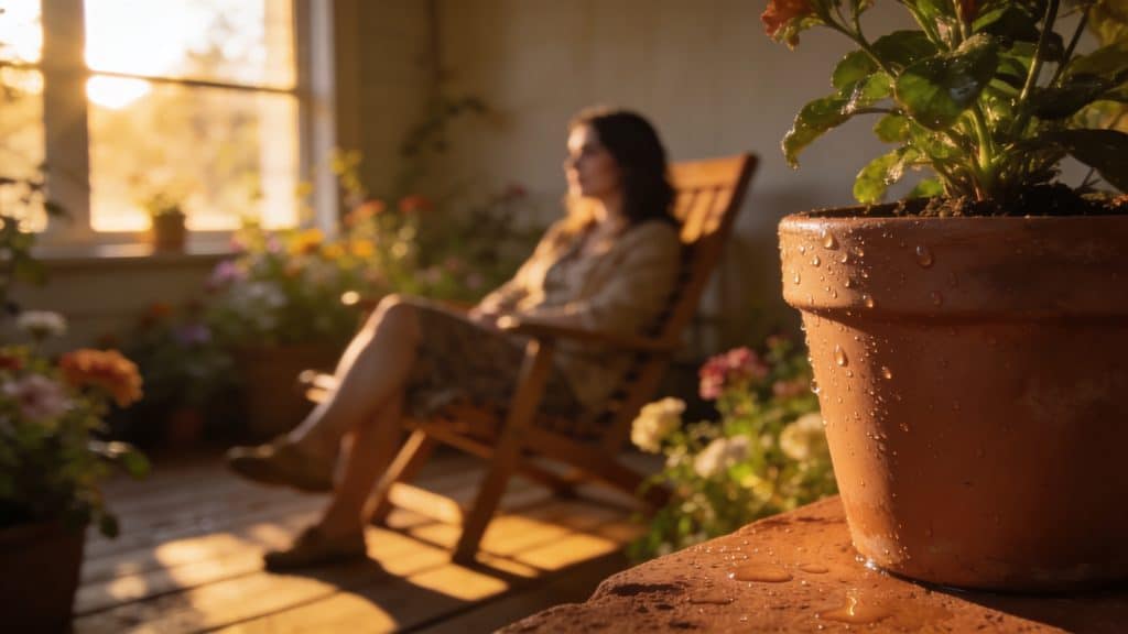 Femme assise sur transat bois jardin fleuri