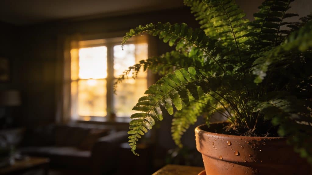 Grande fougere verte dans un salon sombre