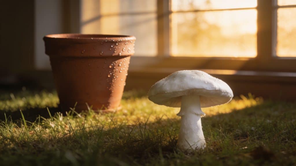 gros champignon blanc solitaire au milieu pelouse
