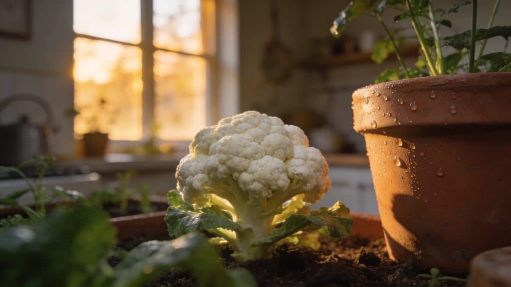 Gros chou fleur blanc au milieu dun potager