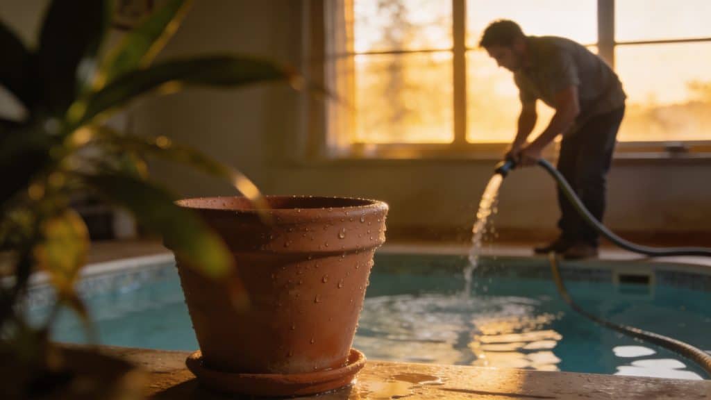 Homme vidangeant une piscine vide avec tuyau