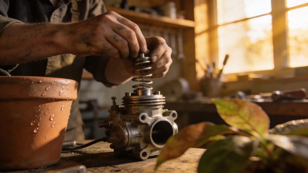 mains graissees ajustant ressort metalique sur carburateur