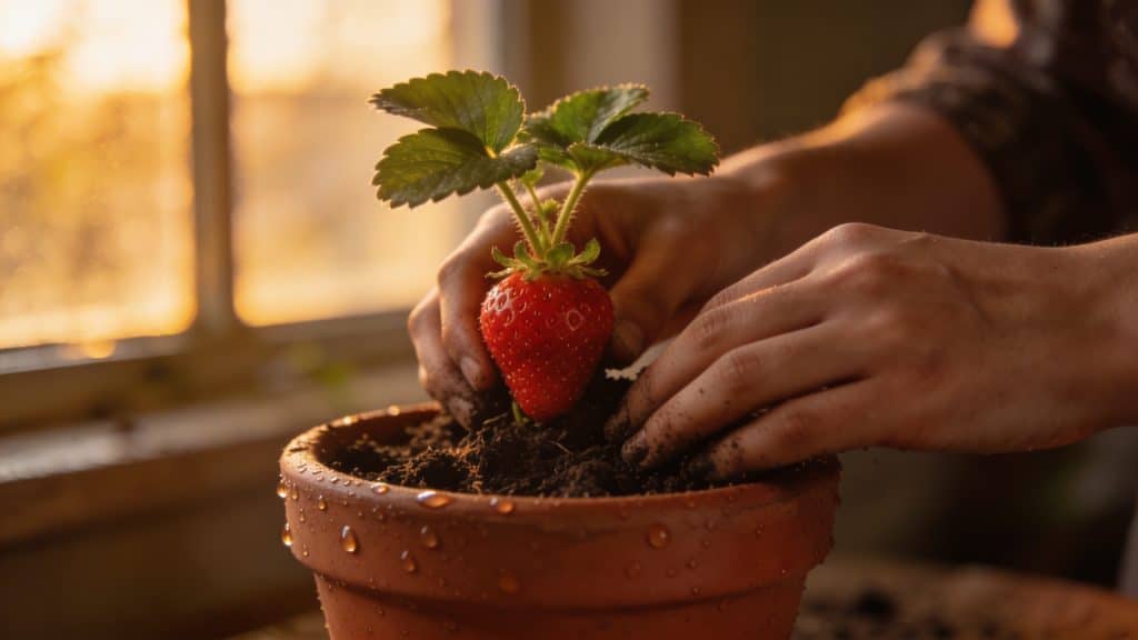 Mains plantant un fraisier rouge dans un petit pot