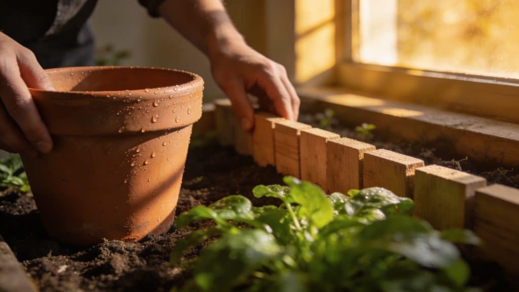 mains posant des planches en bois le long dun parterre