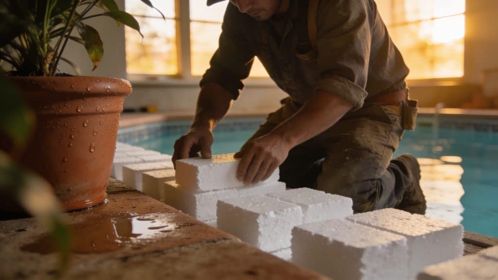 Ouvrier agenouille installe blocs polystyrene blanc piscine