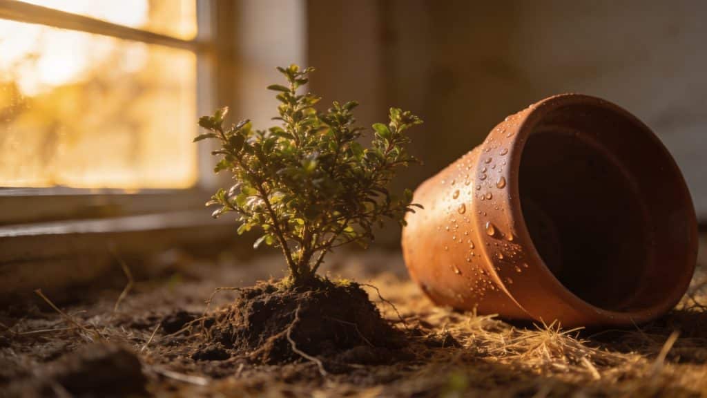 petit arbuste déraciné posé sur terre sèche