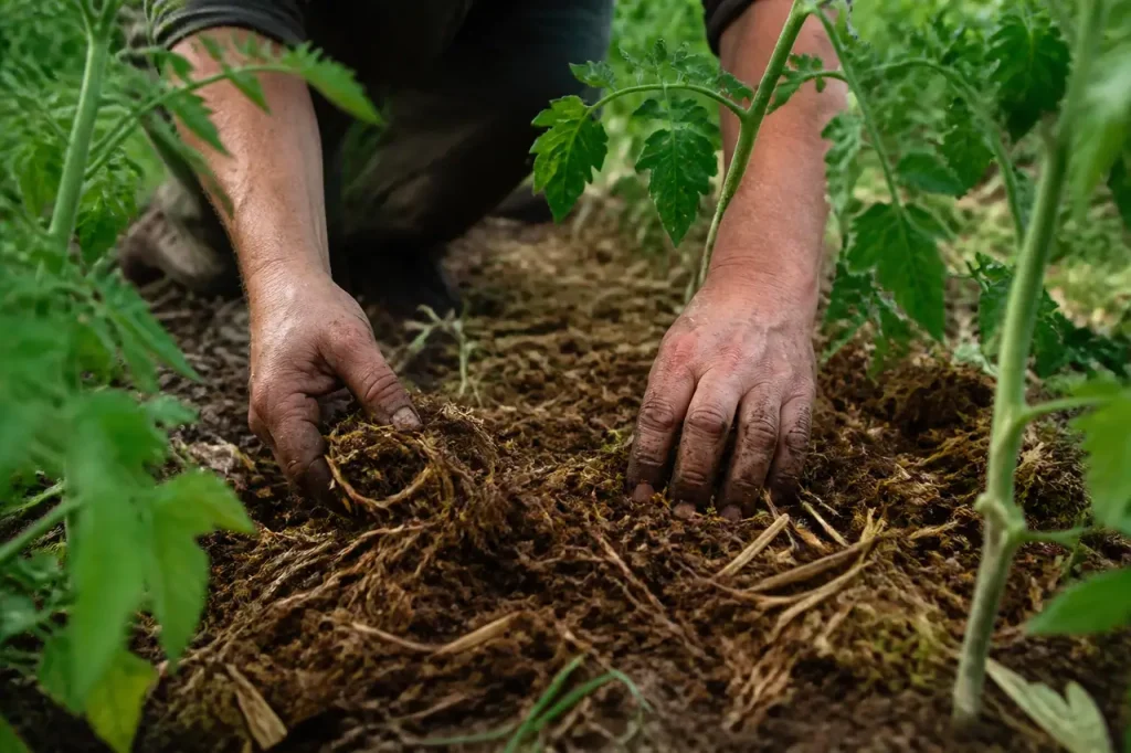 Mains etalant du paillis brun entre des plants