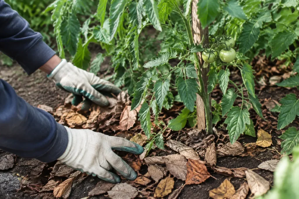 Mains gantees etalant feuilles seches autour pieds tomates